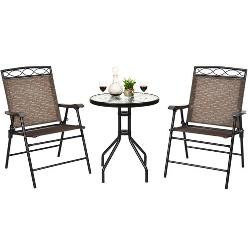 Costway 3 PCS Bistro Conversation Patio Pub Dining Set W/ 2 Folding Chairs